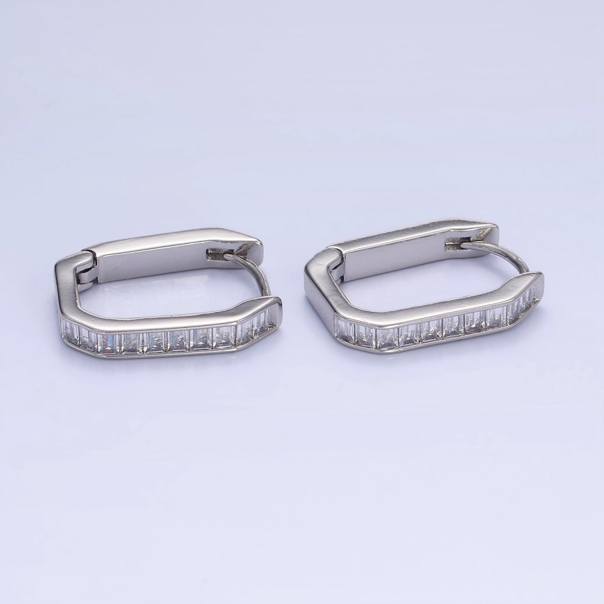 14K Gold Filled Baguette Lined Edged Oblong Hoop Earrings in Gold & Silver | P466 P467 - DLUXCA