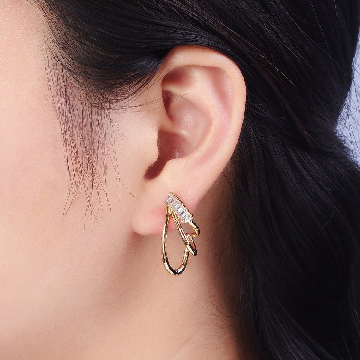 14K Gold Filled Baguette Lined Triple Band J-Shaped Stud Earrings Set | AE537 - DLUXCA