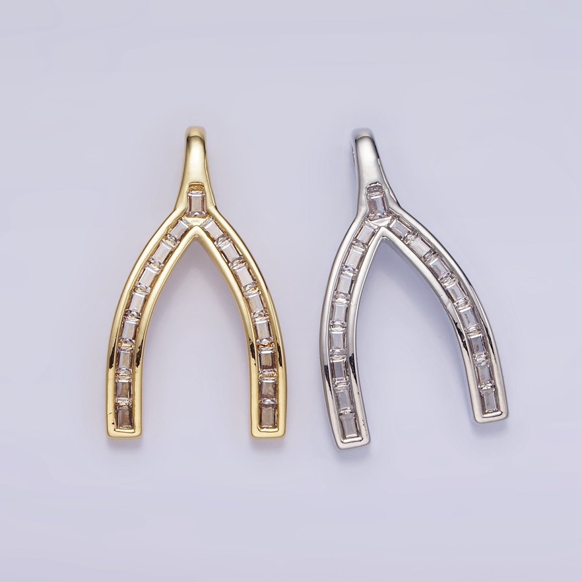 14K Gold Filled Baguette Lined Wishbone Pendant in Gold & Silver | AA1269 - DLUXCA