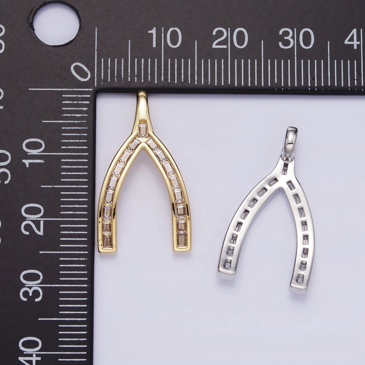 14K Gold Filled Baguette Lined Wishbone Pendant in Gold & Silver | AA1269 - DLUXCA