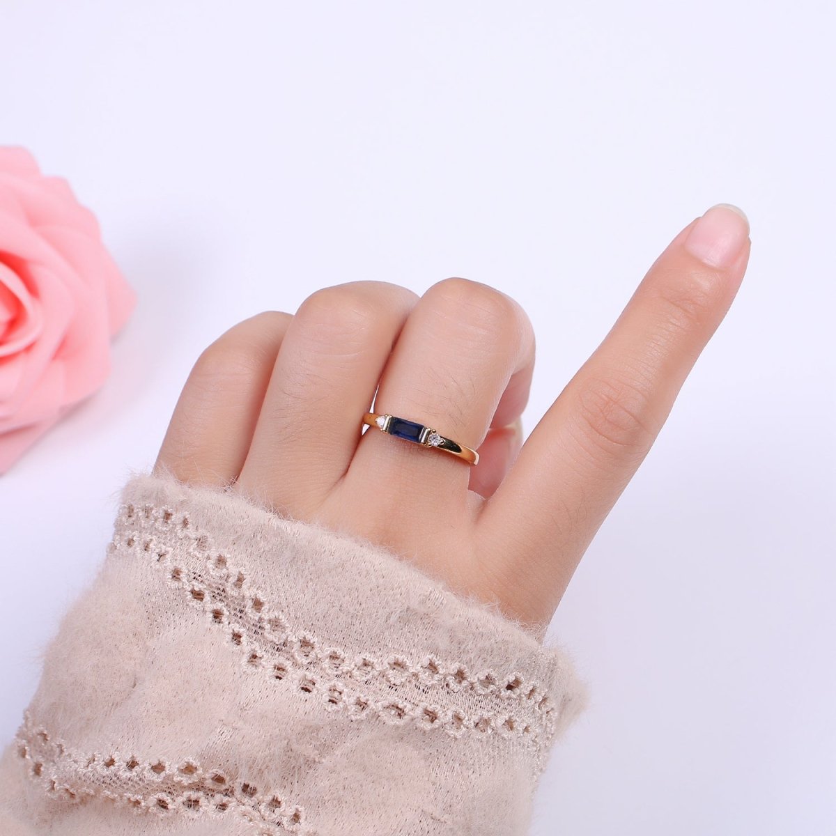 14K Gold Filled Baguette Ring / Petite Baguette Engagement Ring / Baguette Solitaire Ring / Dainty Birthstone CZ Ring U-163 ~ U-168 - DLUXCA