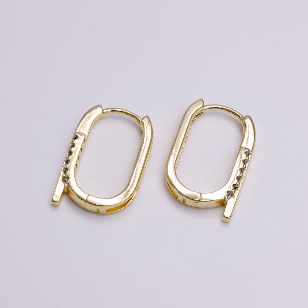 14K Gold Filled Bar Micro Paved CZ 20mm Oblong Hoop Earrings | AD1024 - DLUXCA