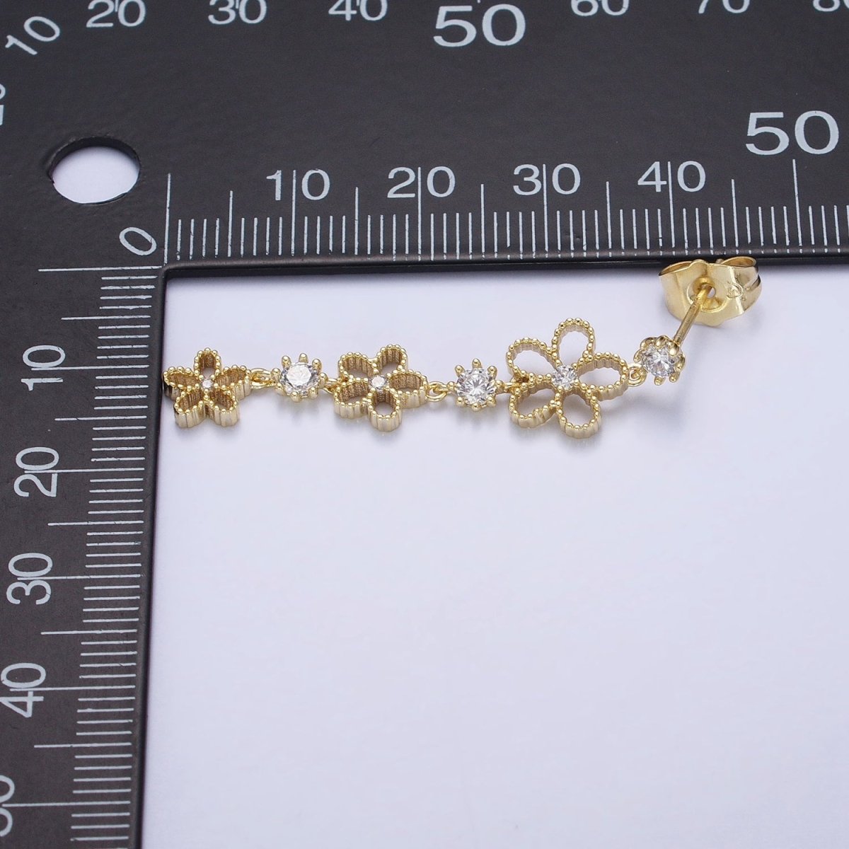 14K Gold Filled Beaded Flower Clear CZ Linear Drop Stud Earrings Set | AD1467 - DLUXCA