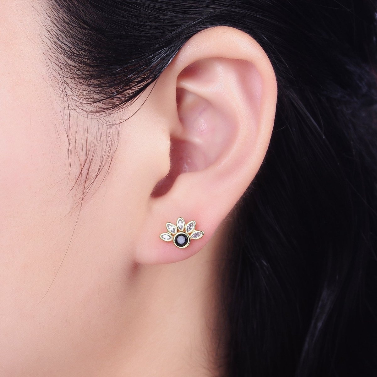 14K Gold Filled Black Clear CZ Marquise Sun Stud Earrings | AB1523 - DLUXCA