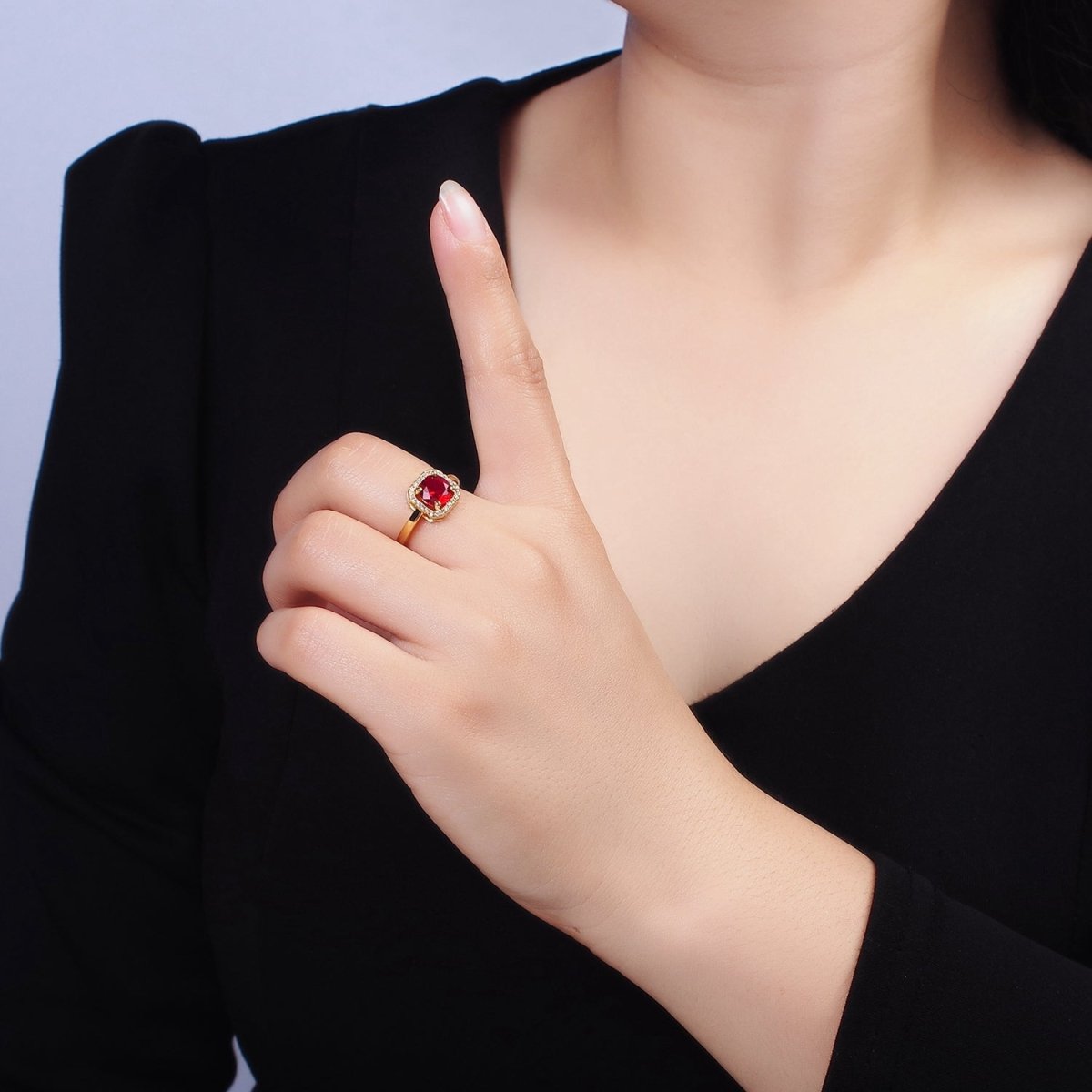 14K Gold Filled Black, Clear, Red CZ Micro Paved Octagonal Solitaire Adjustable Ring | O-601 O-602 O-641 - DLUXCA