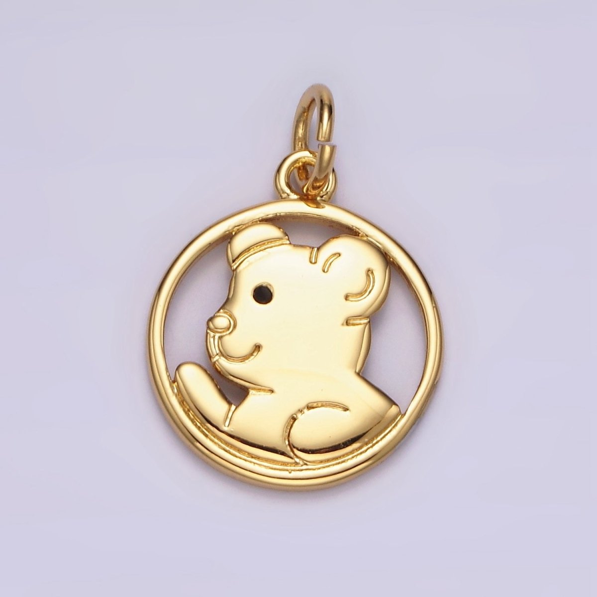 14K Gold Filled Black-Eyed Teddy Bear Animal Open Round Charm | N1599 - DLUXCA
