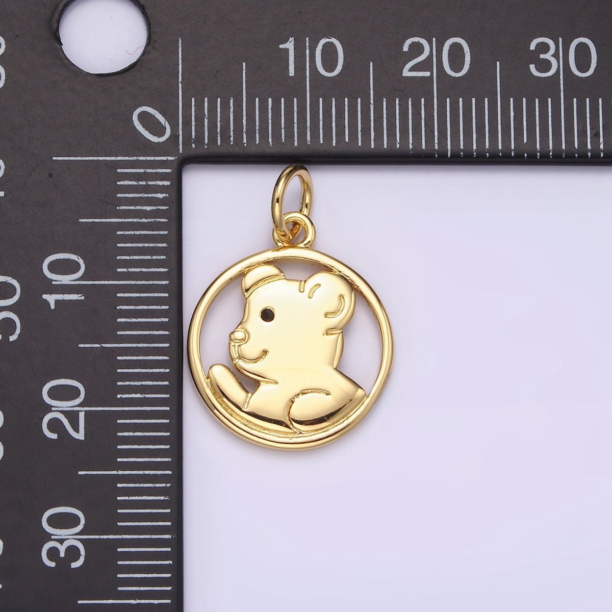 14K Gold Filled Black-Eyed Teddy Bear Animal Open Round Charm | N1599 - DLUXCA