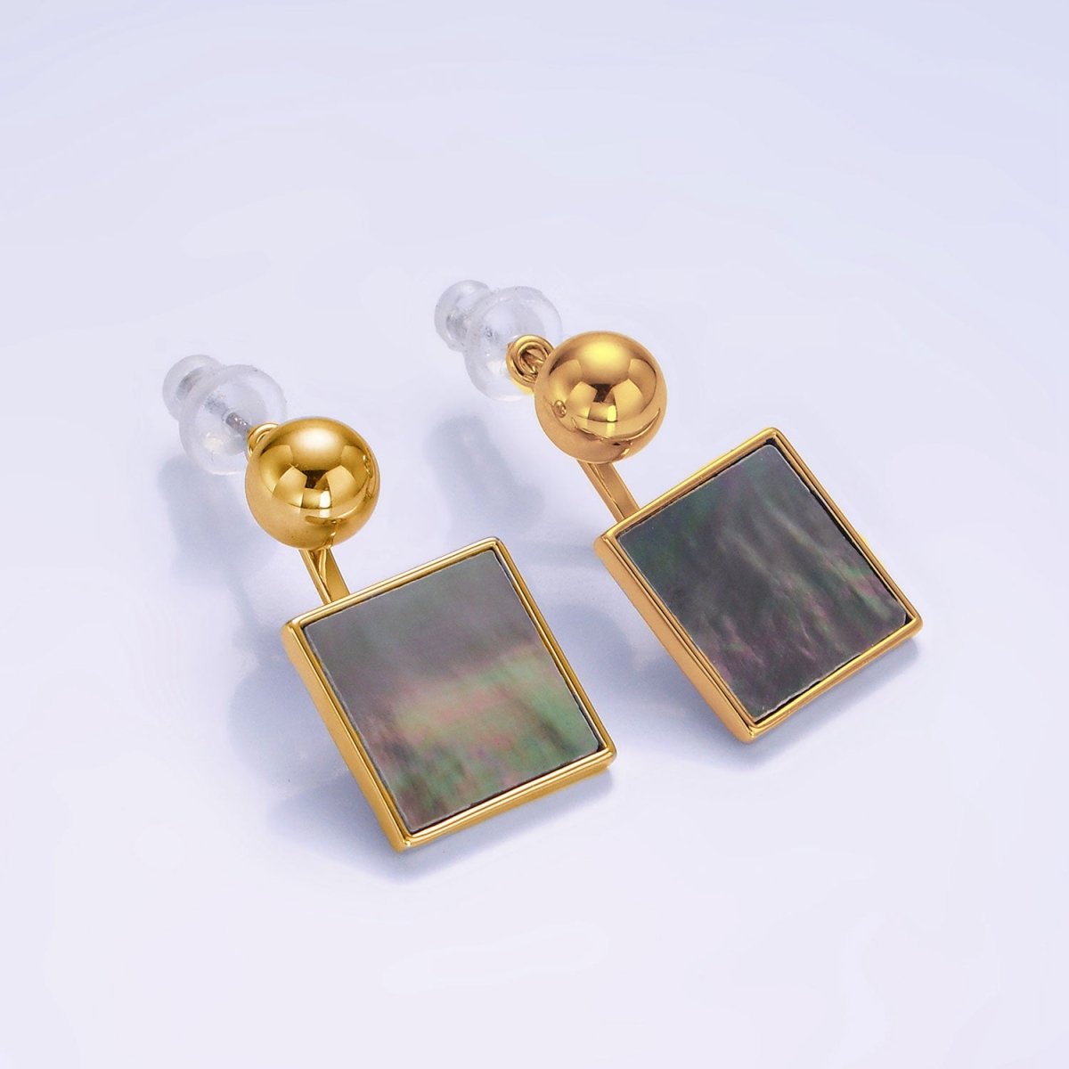 14K Gold Filled Black Shell Pearl Square Drop Round Stud Earrings in Gold & Silver | AE490 AE491 - DLUXCA