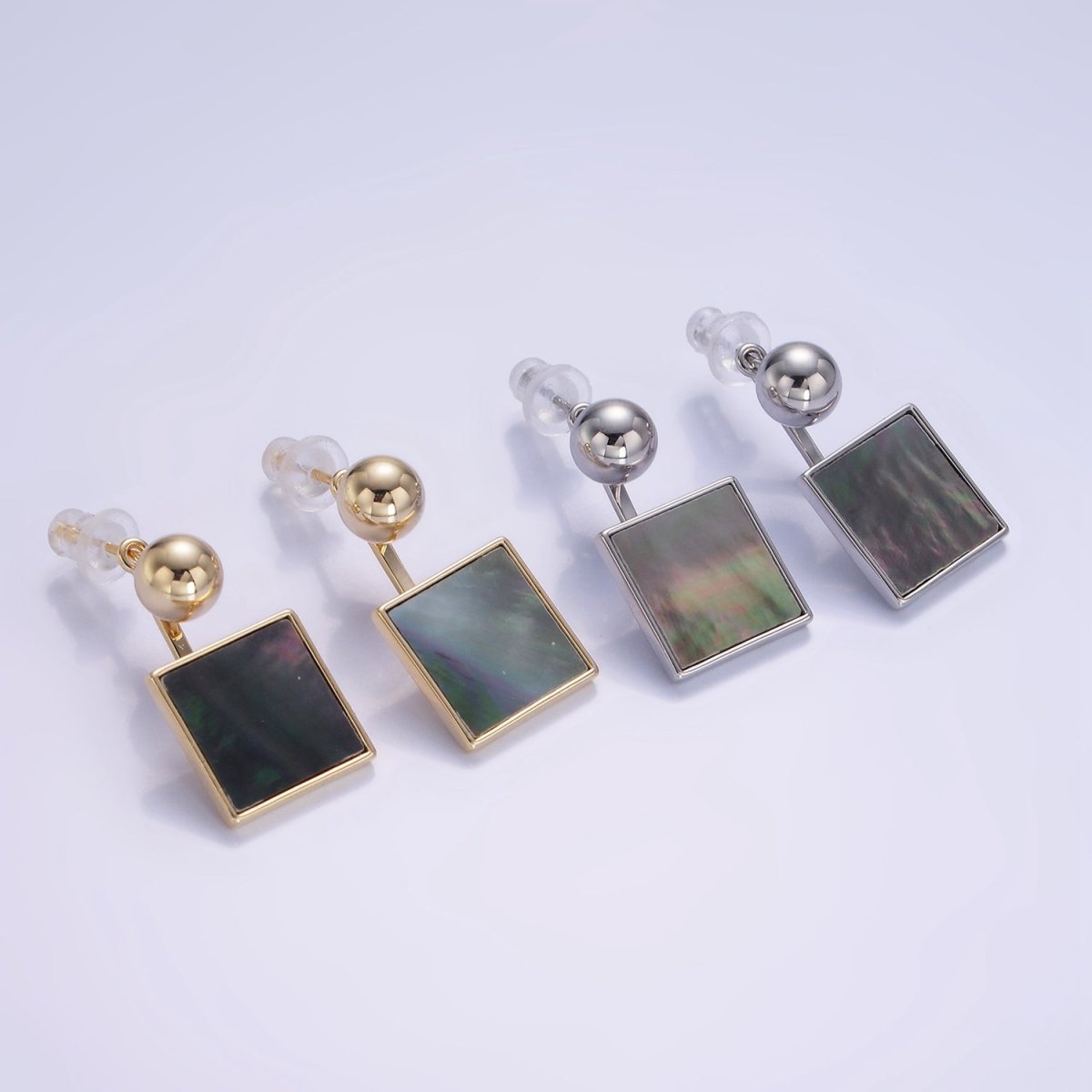 14K Gold Filled Black Shell Pearl Square Drop Round Stud Earrings in Gold & Silver | AE490 AE491 - DLUXCA