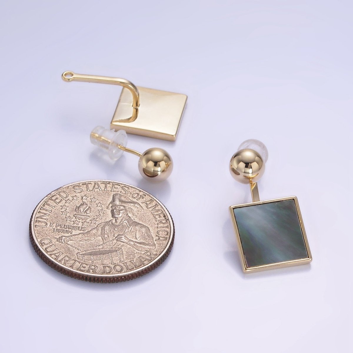 14K Gold Filled Black Shell Pearl Square Drop Round Stud Earrings in Gold & Silver | AE490 AE491 - DLUXCA