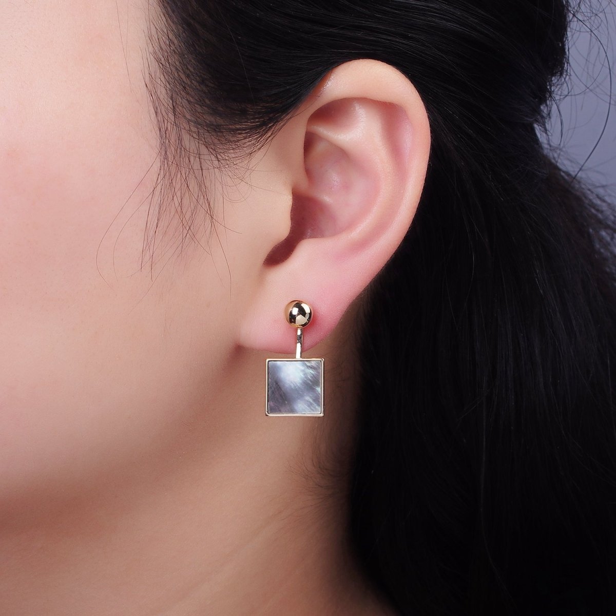 14K Gold Filled Black Shell Pearl Square Drop Round Stud Earrings in Gold & Silver | AE490 AE491 - DLUXCA