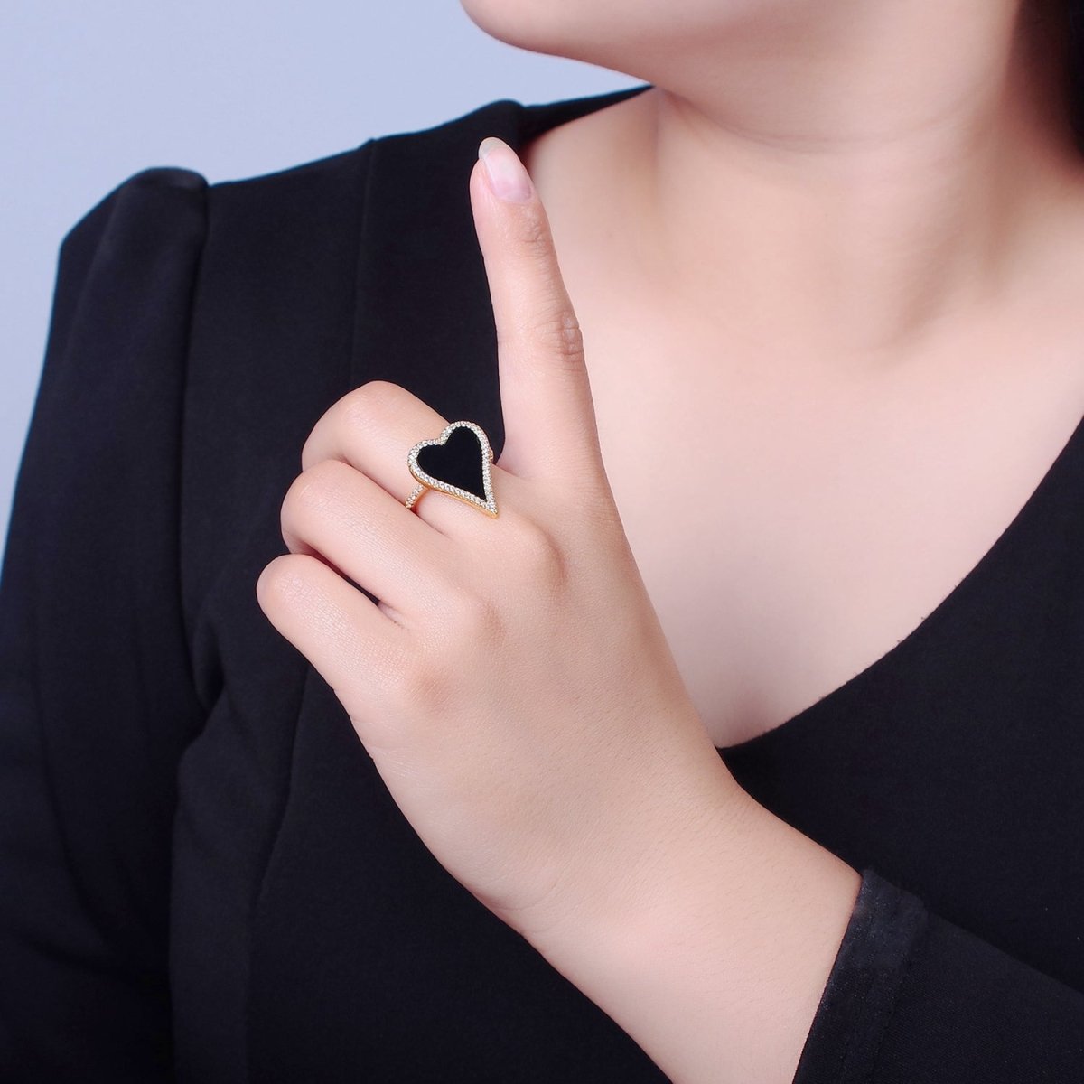 14K Gold Filled Black White Heart Ring, Dainty Gold Love Ring, Waterproof Friendship Ring, Pearl Heart Ring O-2198 O-2199 O-2200 - DLUXCA