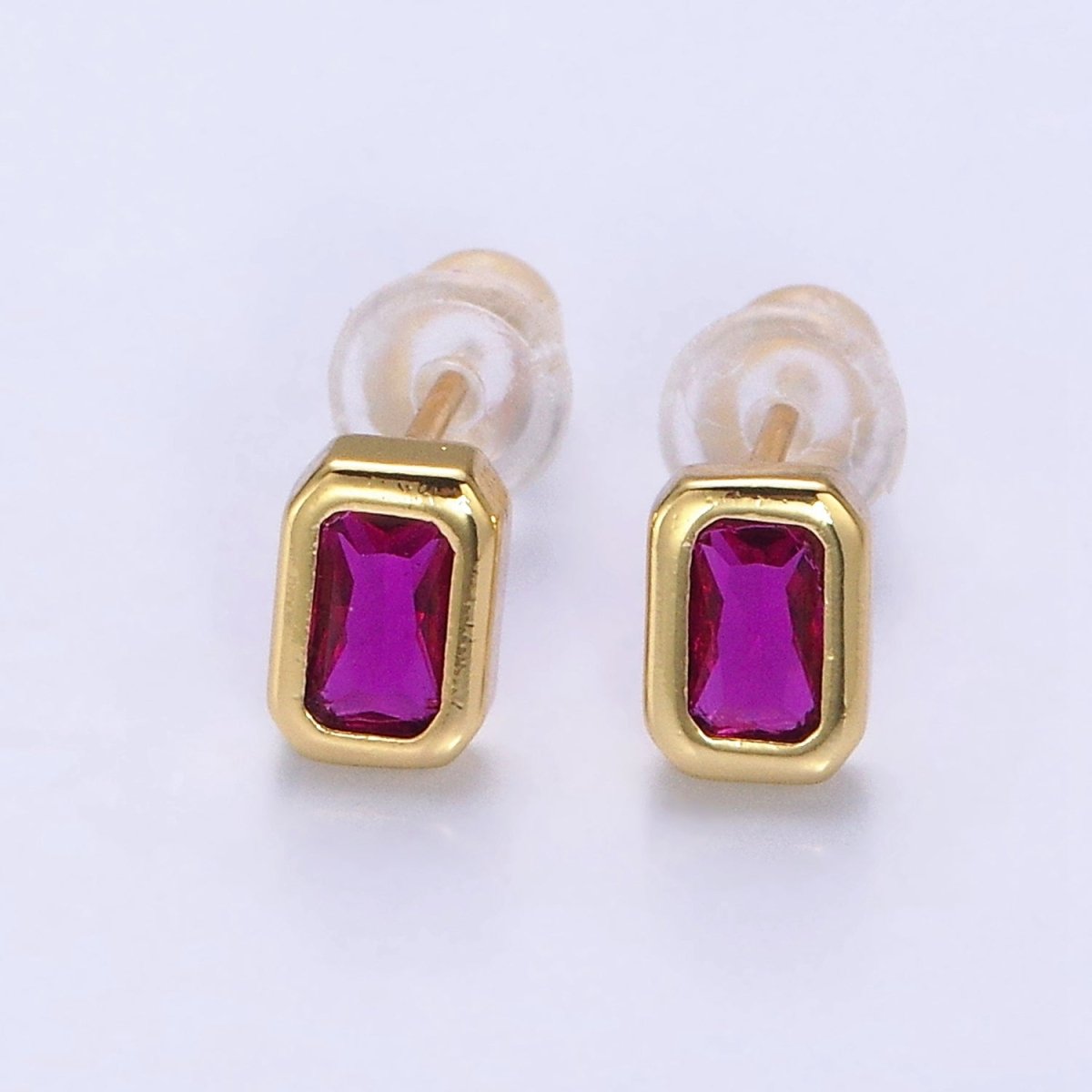 14K Gold Filled Blue, Clear, Fuchsia, Red, Pink Multifaceted Baguette CZ Bezel Stud Earrings | Y-916 ~ Y-820 - DLUXCA