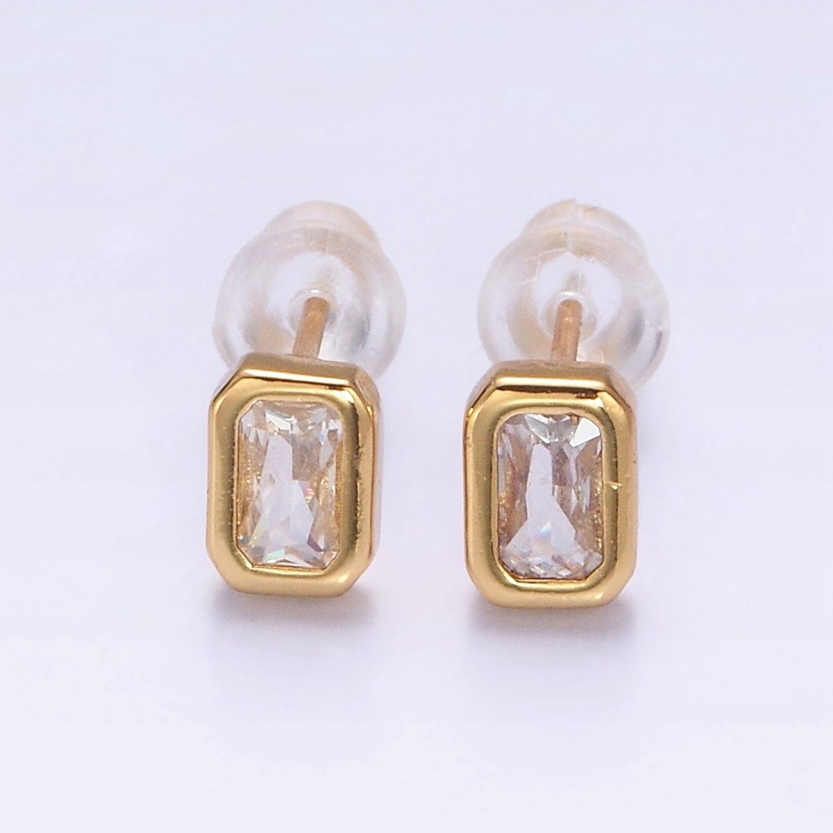 14K Gold Filled Blue, Clear, Fuchsia, Red, Pink Multifaceted Baguette CZ Bezel Stud Earrings | Y-916 ~ Y-820 - DLUXCA