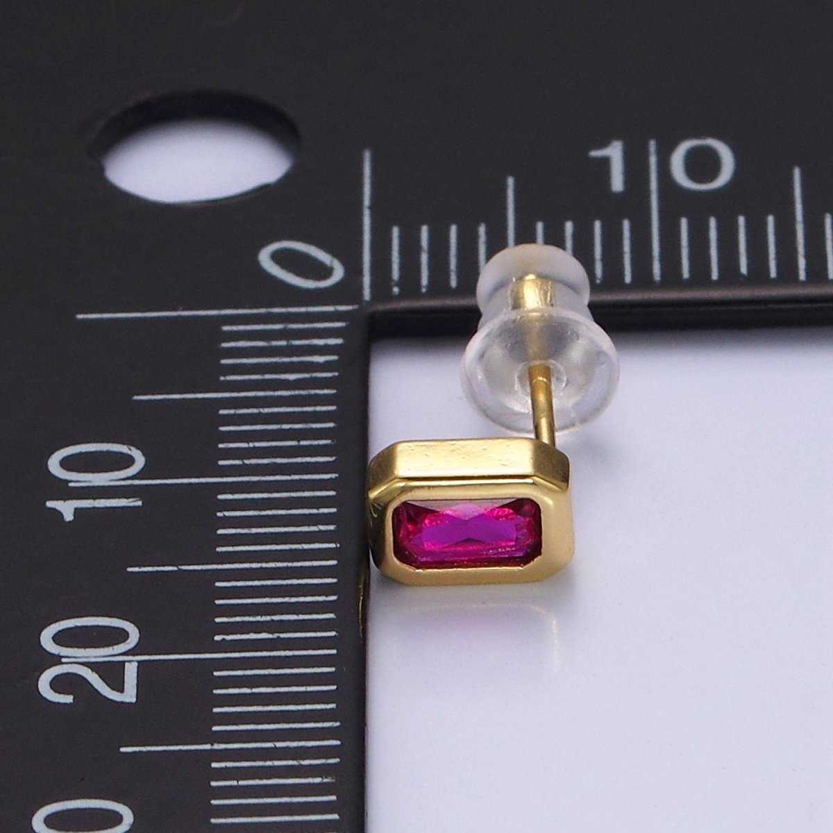 14K Gold Filled Blue, Clear, Fuchsia, Red, Pink Multifaceted Baguette CZ Bezel Stud Earrings | Y-916 ~ Y-820 - DLUXCA