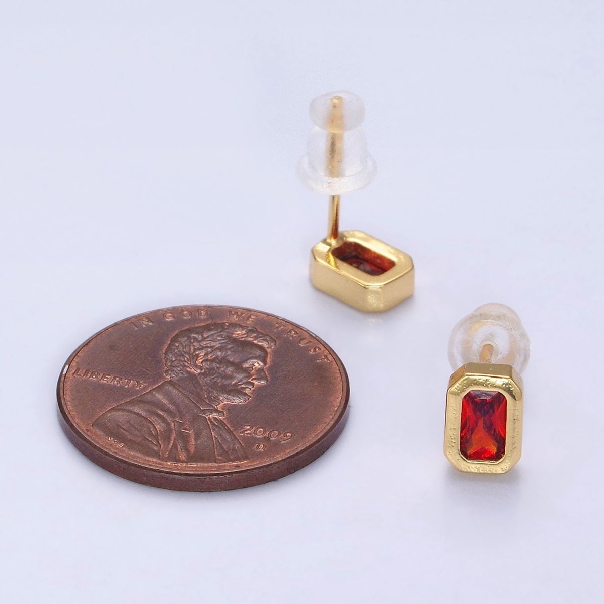 14K Gold Filled Blue, Clear, Fuchsia, Red, Pink Multifaceted Baguette CZ Bezel Stud Earrings | Y-916 ~ Y-820 - DLUXCA