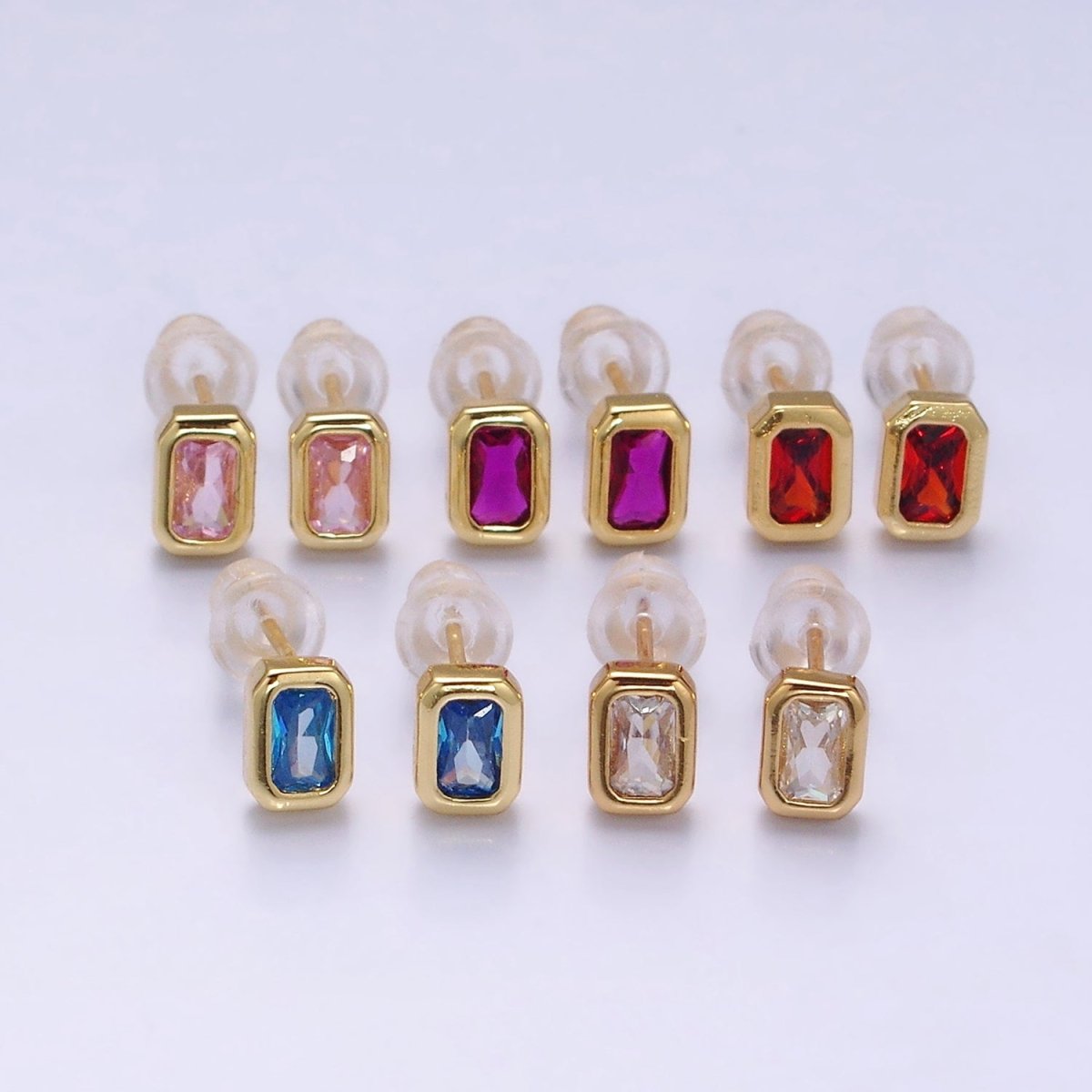 14K Gold Filled Blue, Clear, Fuchsia, Red, Pink Multifaceted Baguette CZ Bezel Stud Earrings | Y-916 ~ Y-820 - DLUXCA