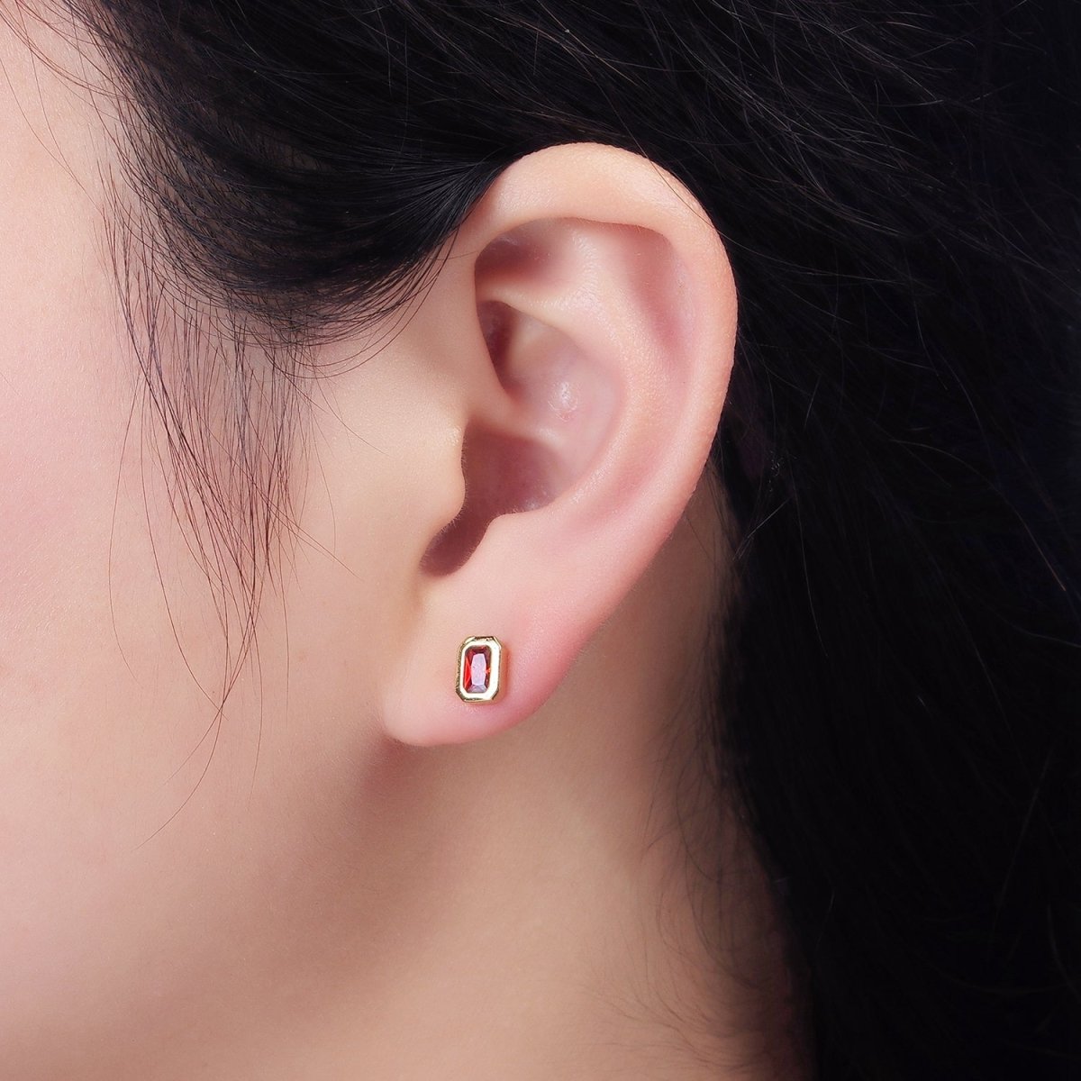 14K Gold Filled Blue, Clear, Fuchsia, Red, Pink Multifaceted Baguette CZ Bezel Stud Earrings | Y-916 ~ Y-820 - DLUXCA