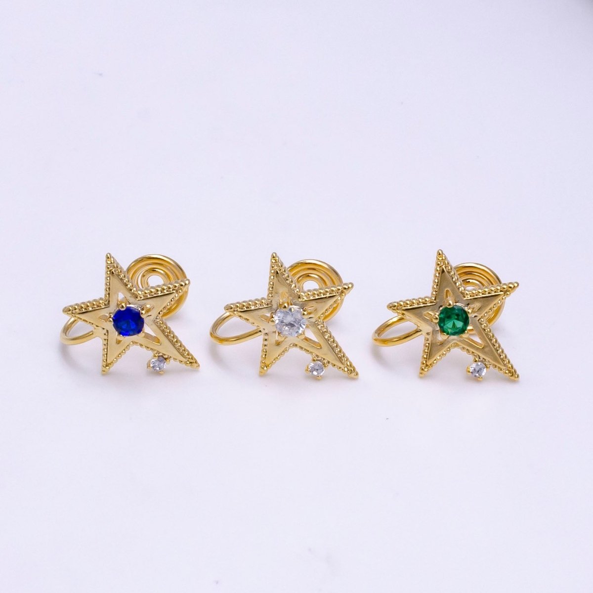 14K Gold Filled Blue, Clear, Green CZ Open Celestial Star Beaded Ear Cuff Earrings | AI113 - AI115 - DLUXCA