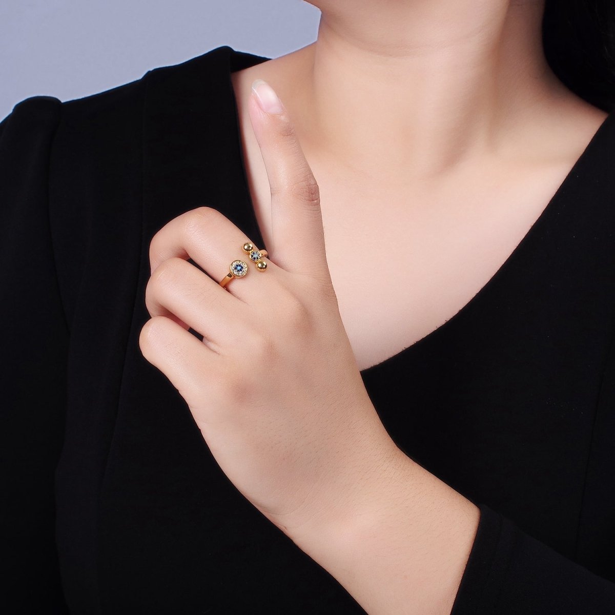 14K Gold Filled Blue CZ Evil Eye Round Triple Bubble Open Claw Ring in Gold & Silver | O1057 O1061 - DLUXCA