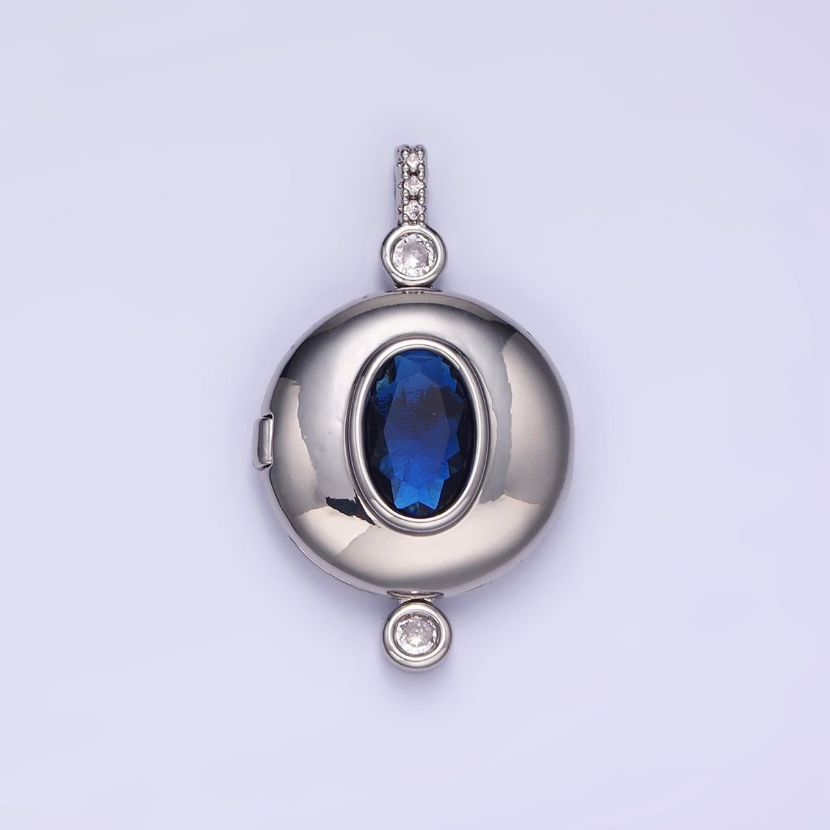 14K Gold Filled Blue CZ Oval Round Locket Micro Paved Bail Pendant in Gold & Silver | AH141 - DLUXCA