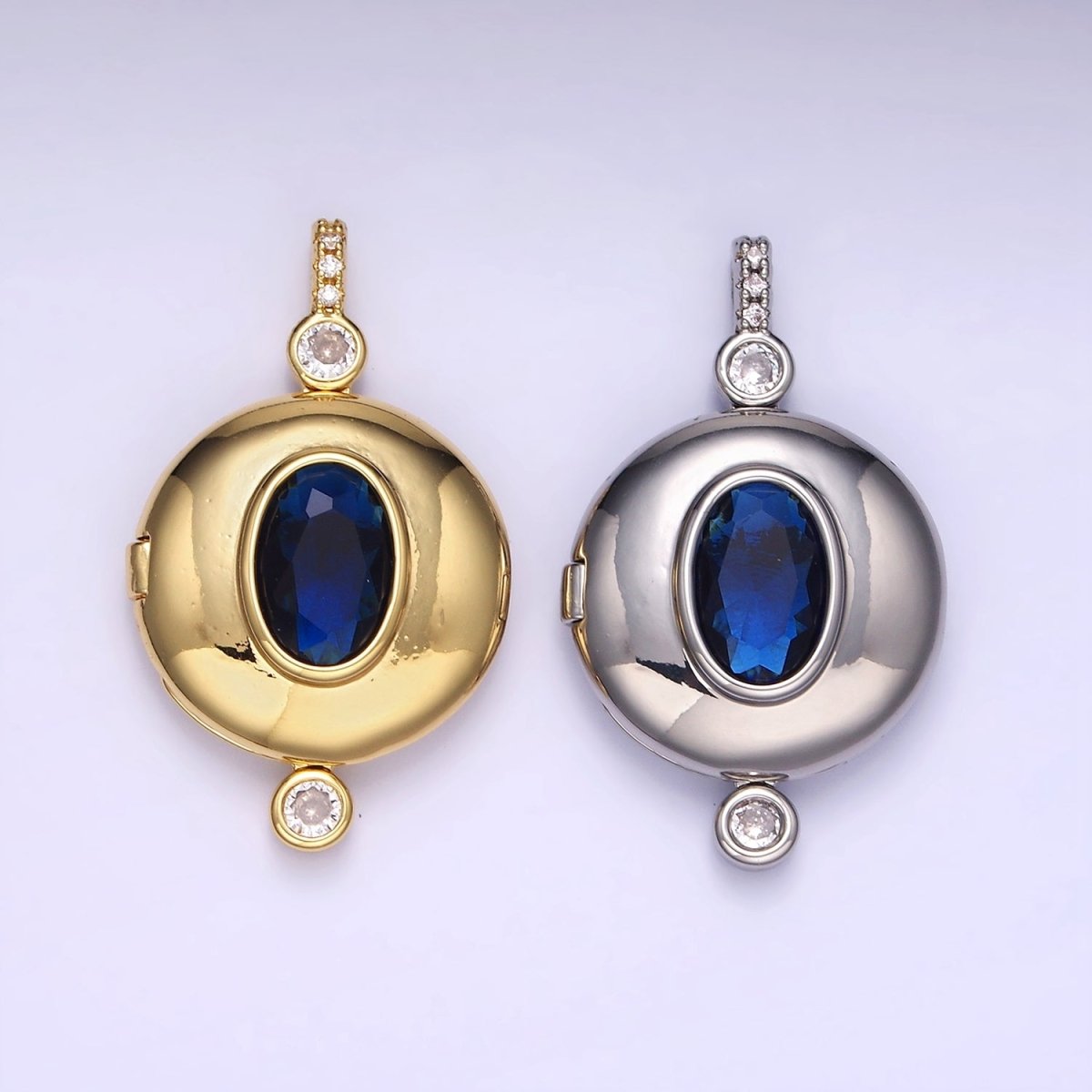 14K Gold Filled Blue CZ Oval Round Locket Micro Paved Bail Pendant in Gold & Silver | AH141 - DLUXCA