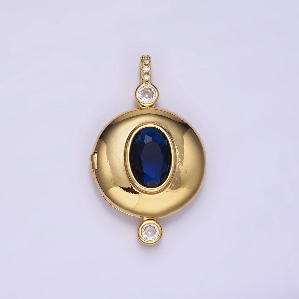 14K Gold Filled Blue CZ Oval Round Locket Micro Paved Bail Pendant in Gold & Silver | AH141 - DLUXCA