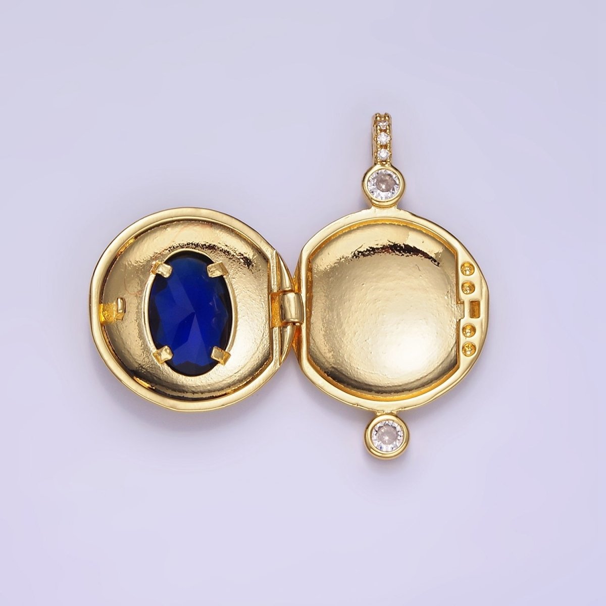 14K Gold Filled Blue CZ Oval Round Locket Micro Paved Bail Pendant in Gold & Silver | AH141 - DLUXCA