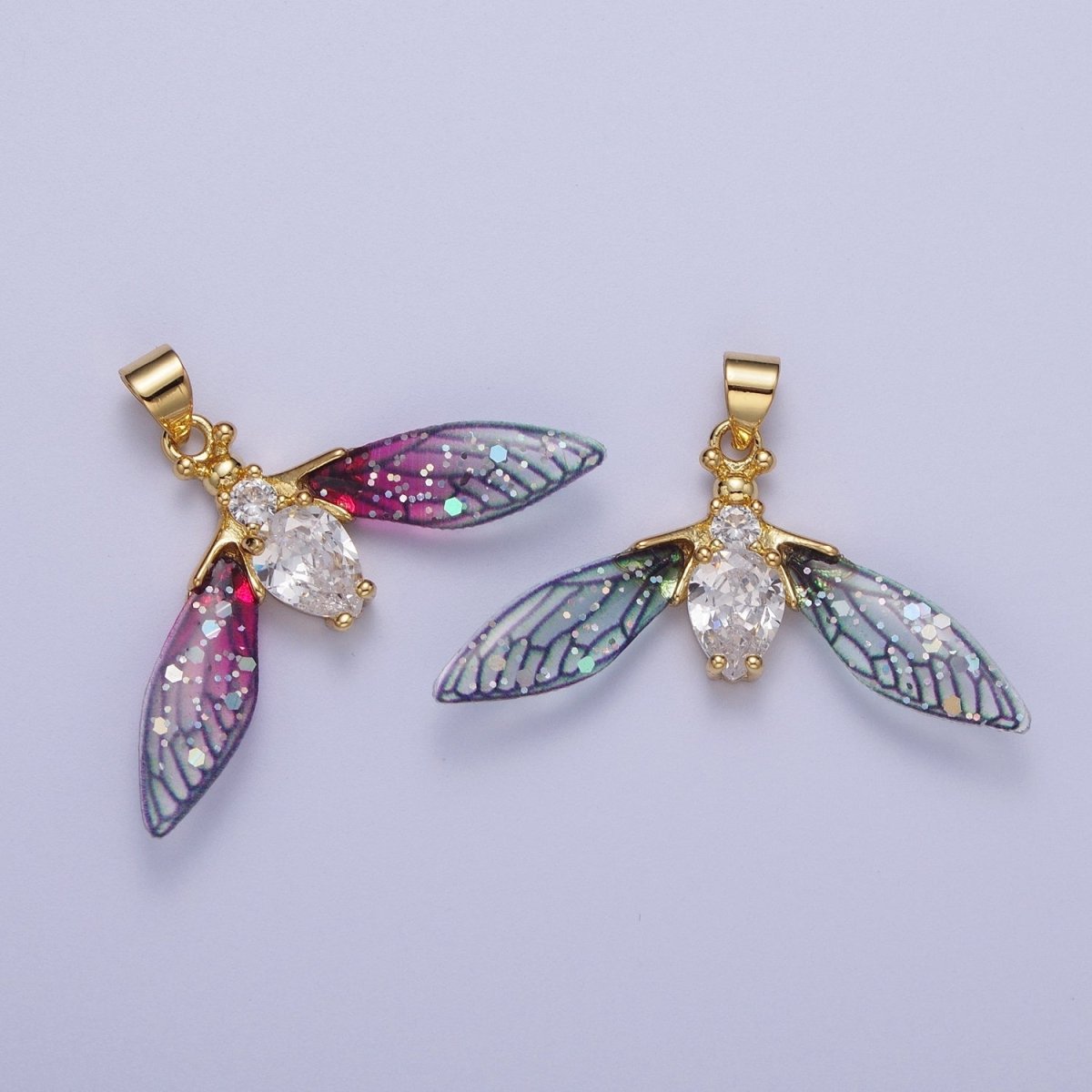 14K Gold Filled Blue / Fuchsia Fairy Wasps Cubic Zirconia Insect Pendant For Jewelry Making H-512 H-520 - DLUXCA