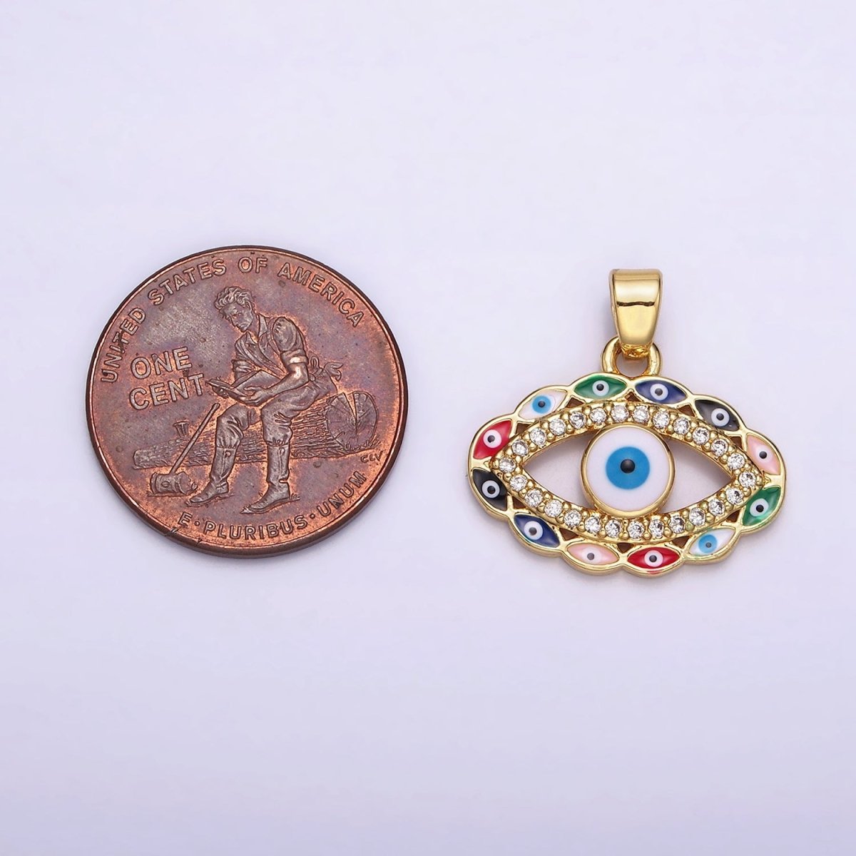 14K Gold Filled Blue, Multicolor Evil Eye Open Micro Paved CZ Pendant | N1313 - DLUXCA
