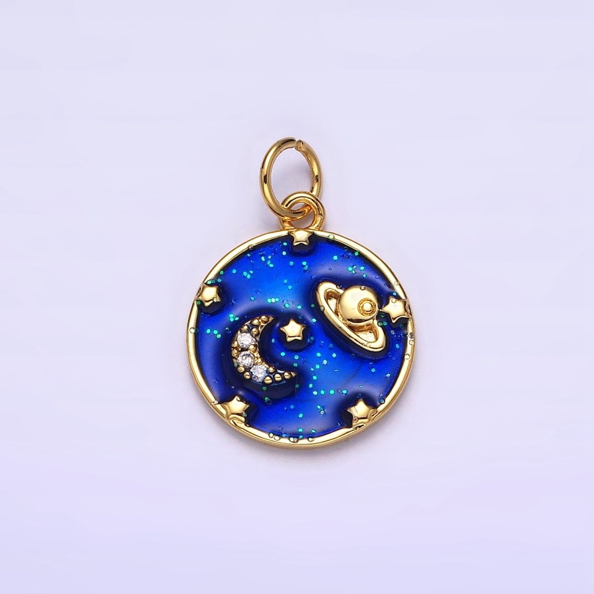 14K Gold Filled Blue, Multicolor Pastel Enamel Galaxy Celestial Planet Stars Round Charm | AC1412 AC1413 - DLUXCA
