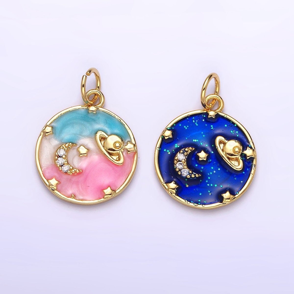 14K Gold Filled Blue, Multicolor Pastel Enamel Galaxy Celestial Planet Stars Round Charm | AC1412 AC1413 - DLUXCA