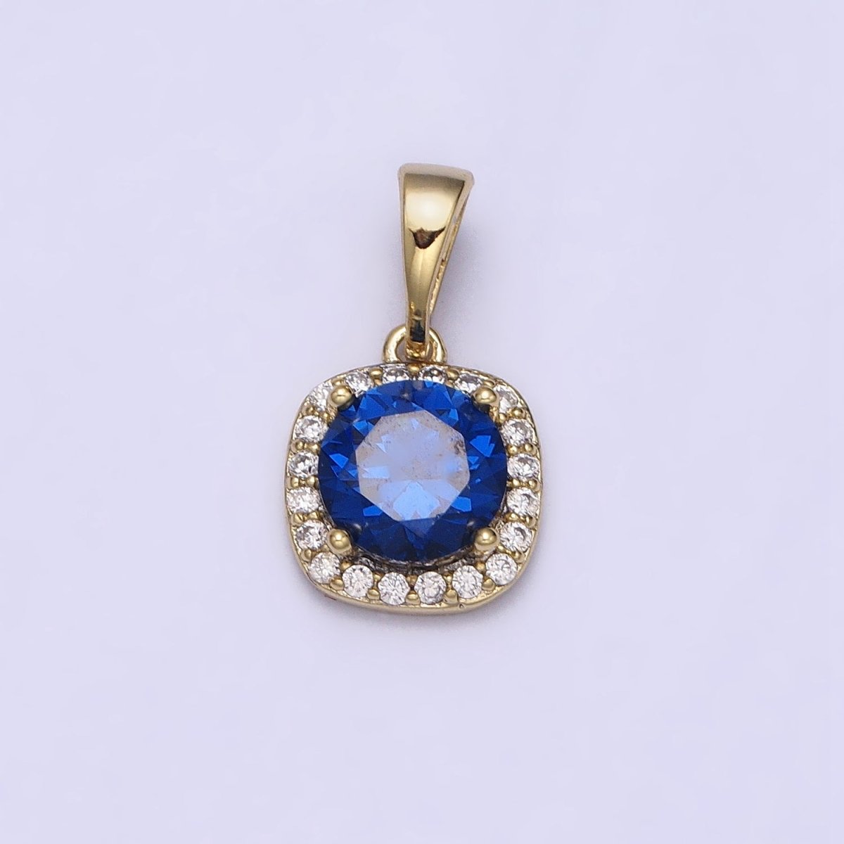 14K Gold Filled Blue Sapphire Round CZ Micro Paved Square Pendant | AA046 - DLUXCA