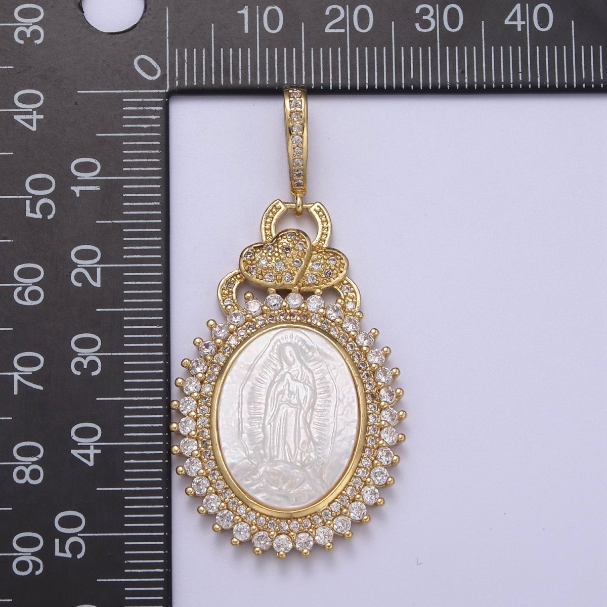 14k Gold Filled Bold Micro Pave Oval Virgin Mary Pendant with Pearl Lady Guadalupe for Statement Religious Jewelry Making H-508 - DLUXCA