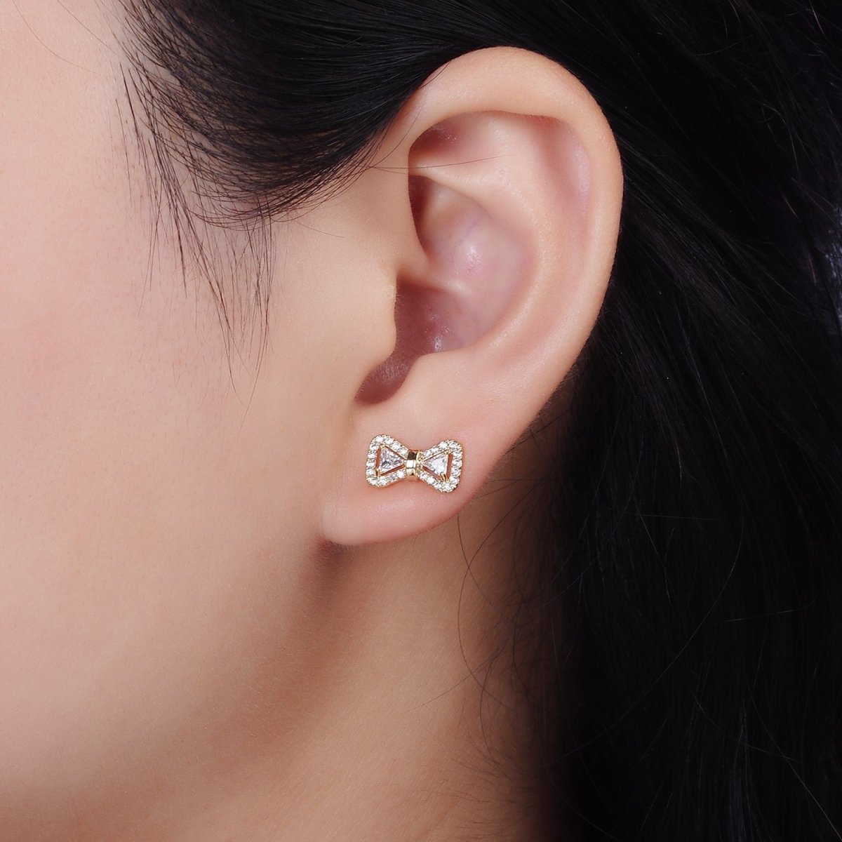 14K Gold Filled Bow Ribbon Micro Paved Stud Earrings in Gold & Silver | V267 V268 - DLUXCA