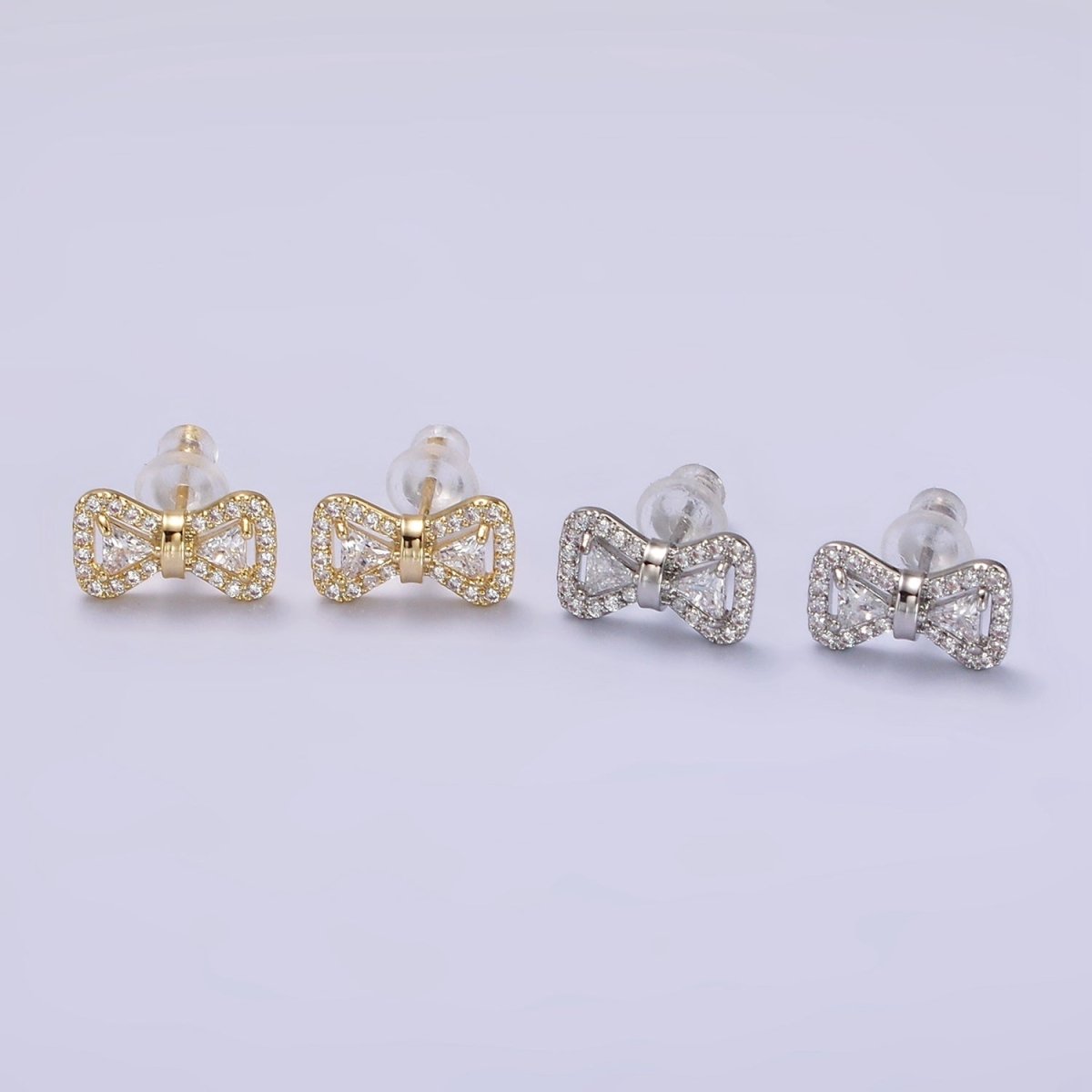 14K Gold Filled Bow Ribbon Micro Paved Stud Earrings in Gold & Silver | V267 V268 - DLUXCA