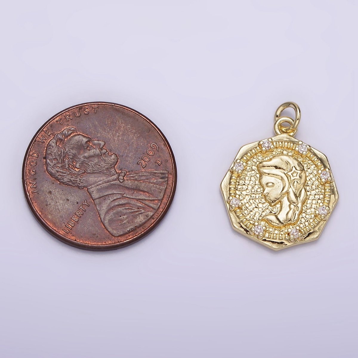 14K Gold Filled Braided Girl Princess Mermaid Lady Portrait Cameo CZ Hammered Octagonal Charm | AG184 - DLUXCA