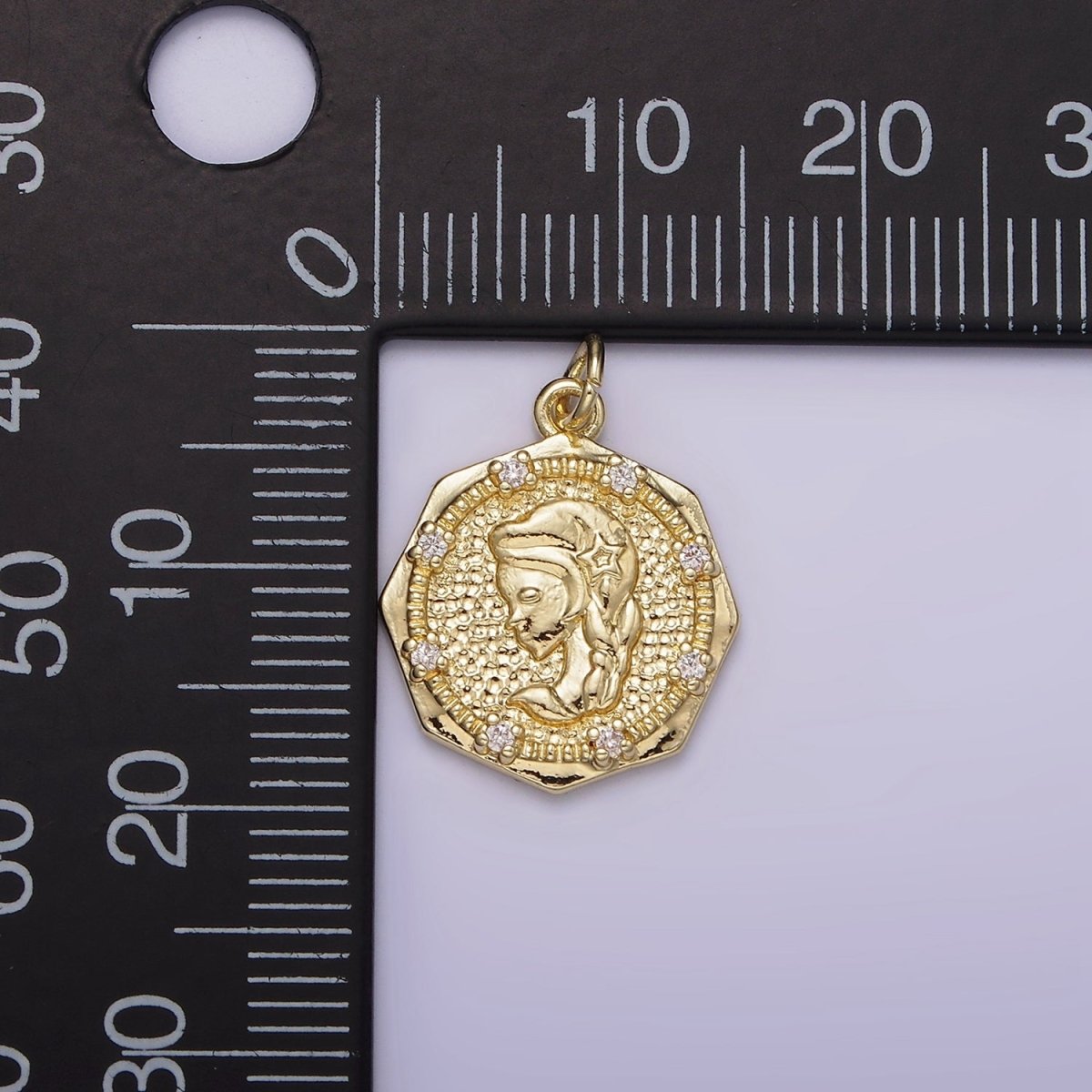 14K Gold Filled Braided Girl Princess Mermaid Lady Portrait Cameo CZ Hammered Octagonal Charm | AG184 - DLUXCA