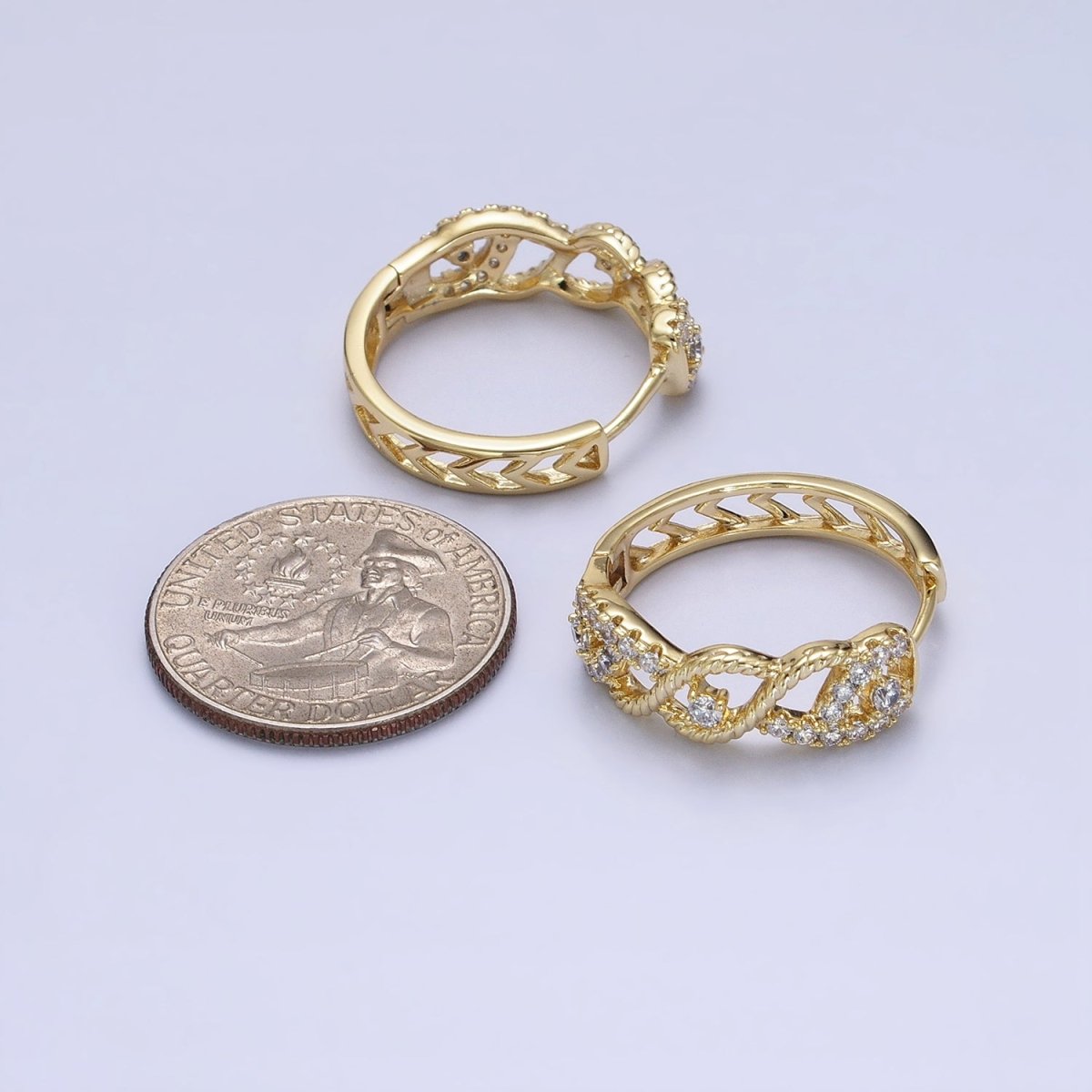 14K Gold Filled Braided Twist Micro Paved CZ Open Filigree Endless Hoop Huggie Earrings | AD1387 - DLUXCA