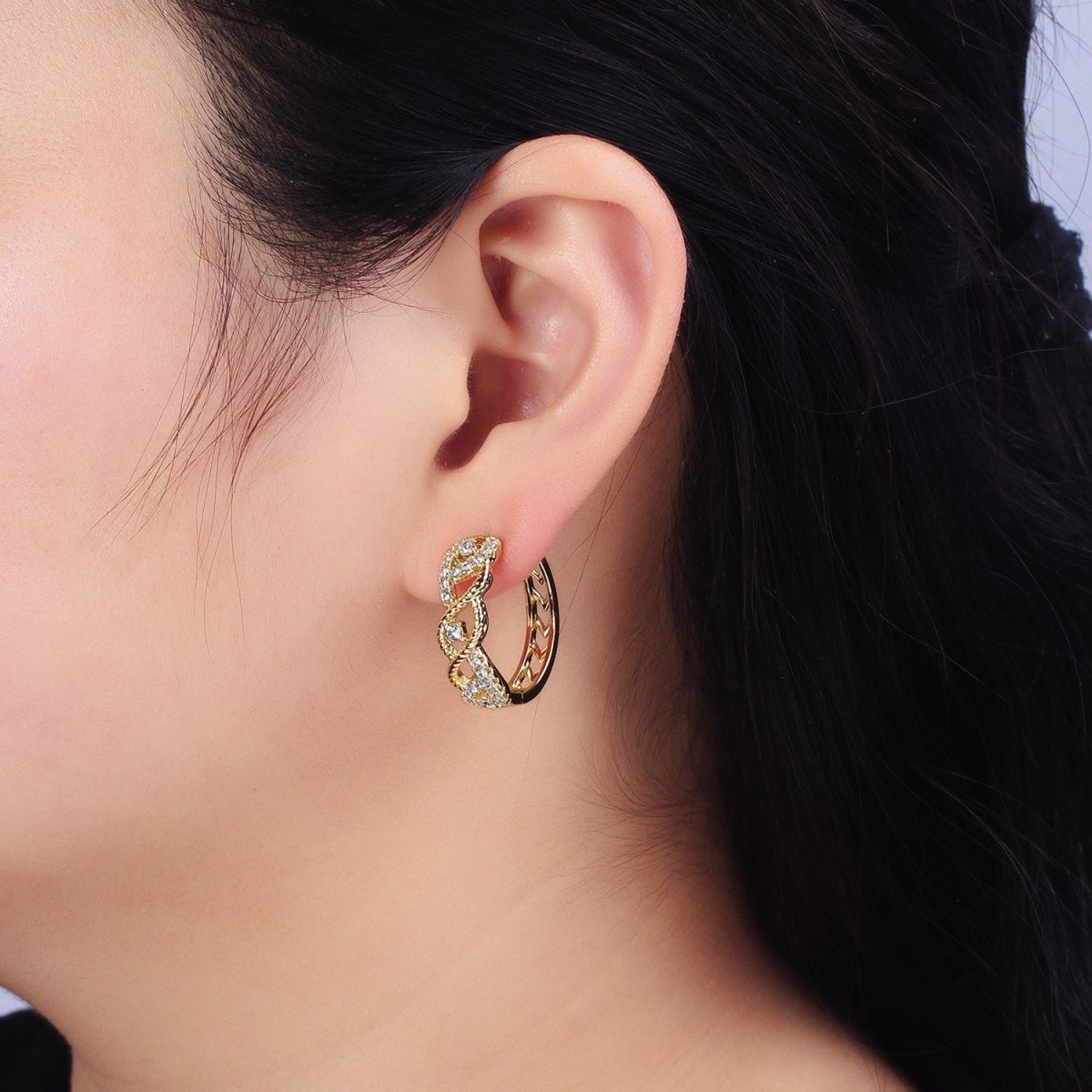 14K Gold Filled Braided Twist Micro Paved CZ Open Filigree Endless Hoop Huggie Earrings | AD1387 - DLUXCA