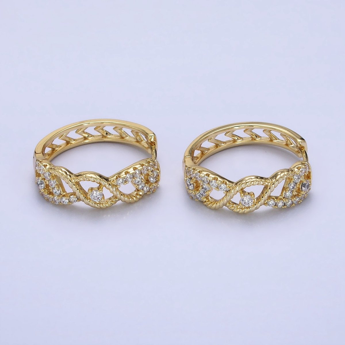 14K Gold Filled Braided Twist Micro Paved CZ Open Filigree Endless Hoop Huggie Earrings | AD1387 - DLUXCA