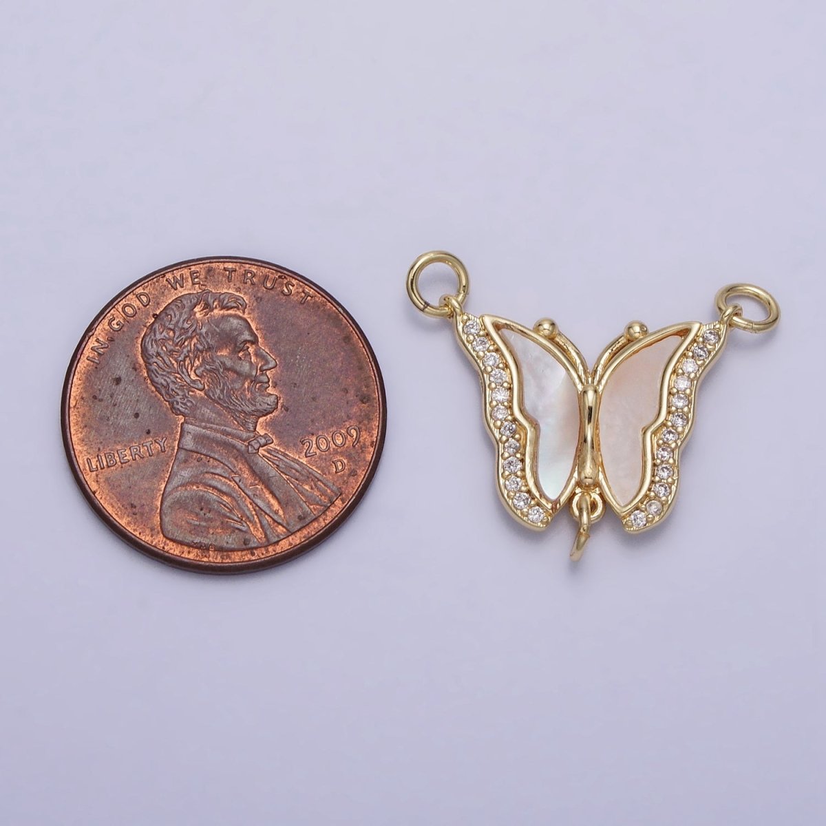 14K Gold Filled Butterfly Mariposa Shell Pearl Micro Paved Triple Loop Connector | AA1019 - DLUXCA