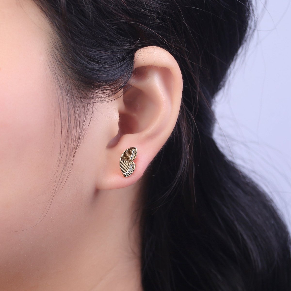 14K Gold Filled Butterfly Wings Micro Paved CZ Lined Stud Earrings Set | T308 - DLUXCA