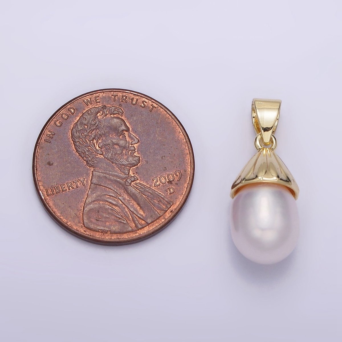 14K Gold Filled Button White Pearl Oblong Lined Bail Pendant | AA632 - DLUXCA