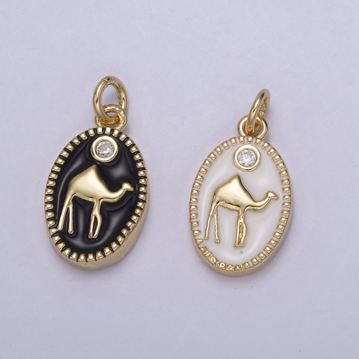 14K Gold Filled Camel Desert Animal White & Black Enamel Oval Charm N-794 N-795 - DLUXCA