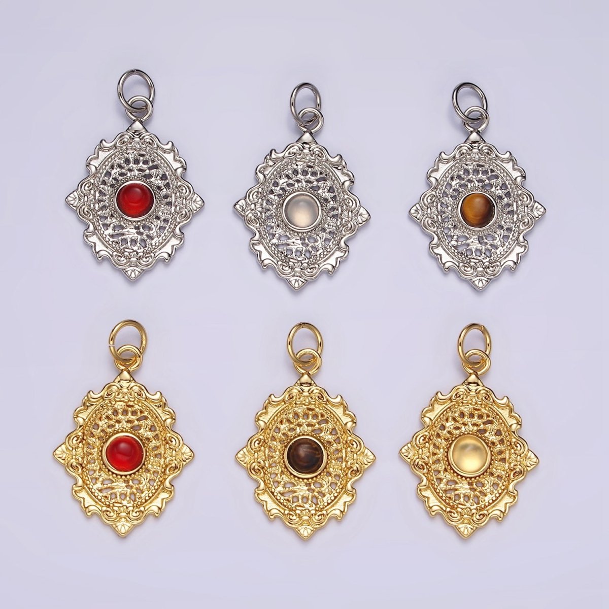14K Gold Filled Carnelian, Agate, Tiger Eye Dot Artisan Oval Charm in Gold & Silver | AC885 - AC890 - DLUXCA