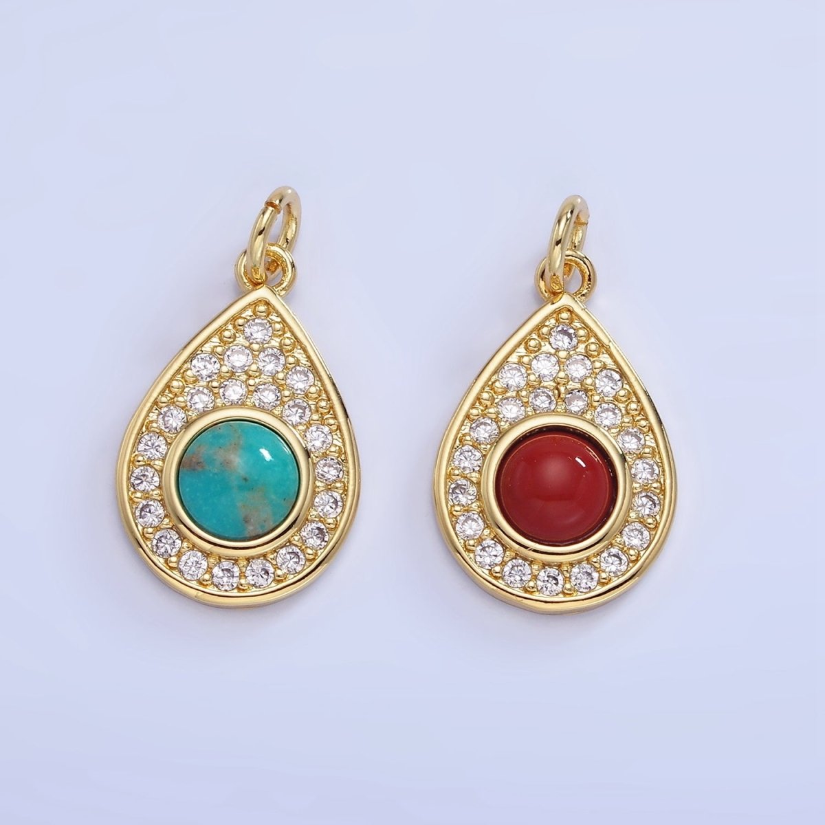 14K Gold Filled Carnelian, Turquoise Micro Paved CZ Teardrop Charm | W564 - DLUXCA