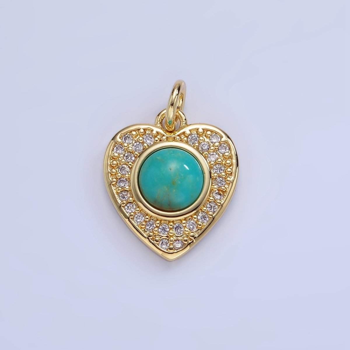 14K Gold Filled Carnelian, Turquoise Round Micro Paved CZ Heart Charm | W498 - DLUXCA