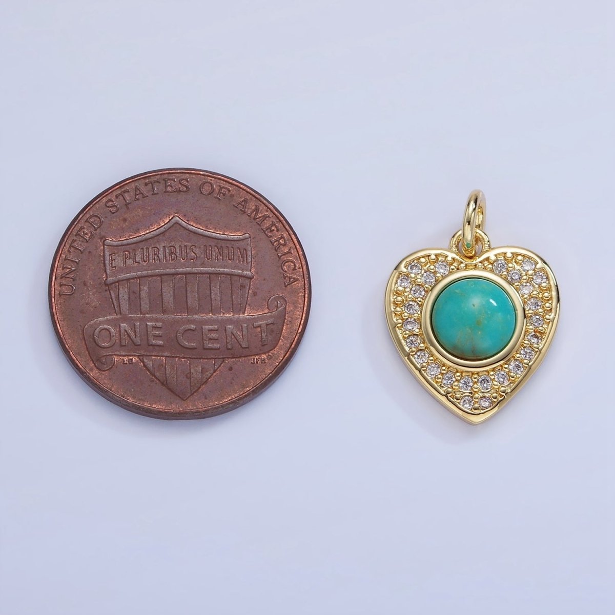 14K Gold Filled Carnelian, Turquoise Round Micro Paved CZ Heart Charm | W498 - DLUXCA
