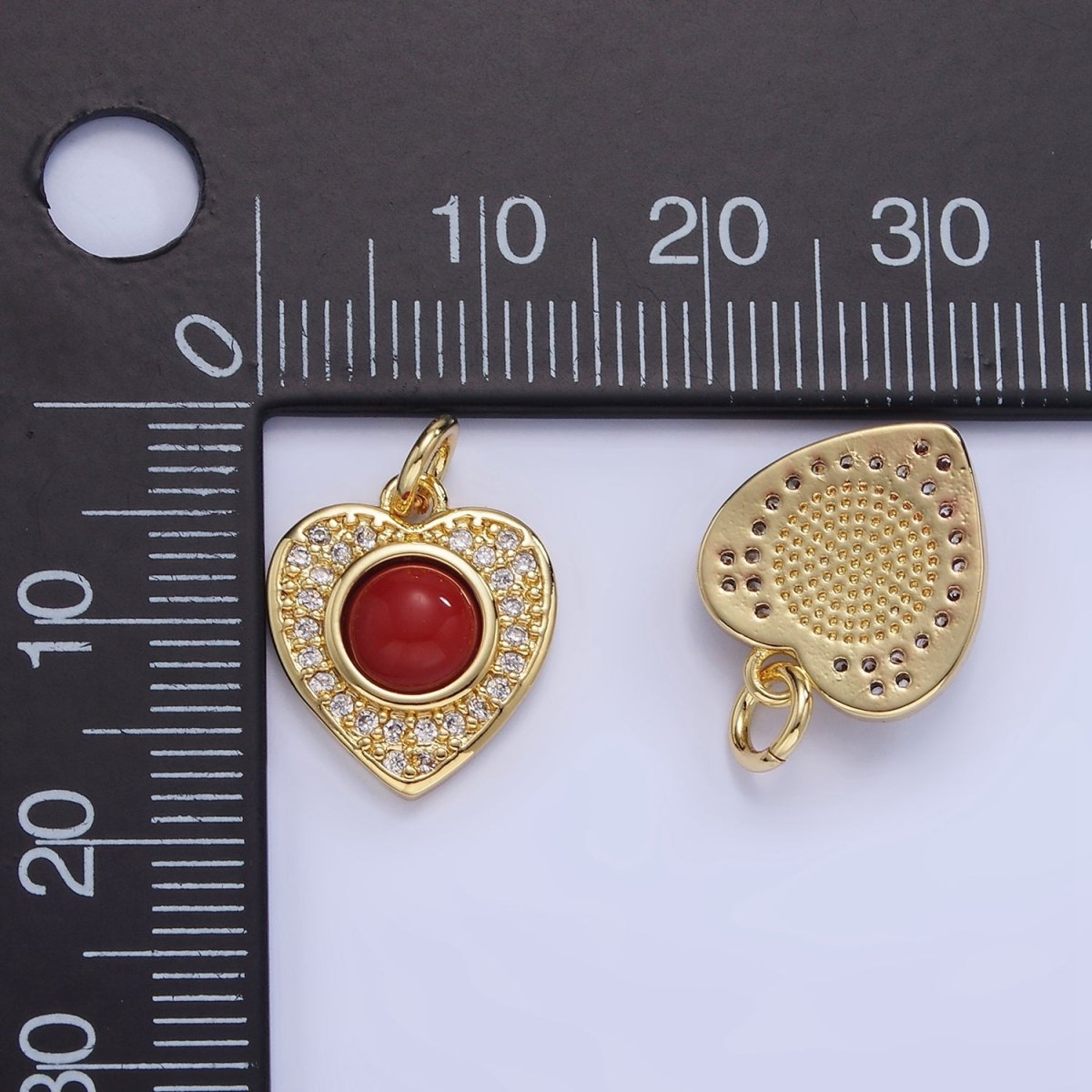 14K Gold Filled Carnelian, Turquoise Round Micro Paved CZ Heart Charm | W498 - DLUXCA